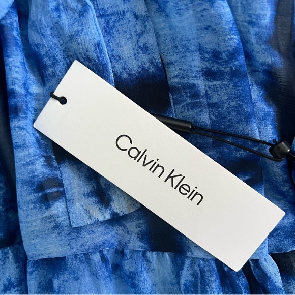 NWT Calvin Klein Tie-Dye Blue V-Neck Wrap Tiered Mini Dress - Picture 5 of 6
